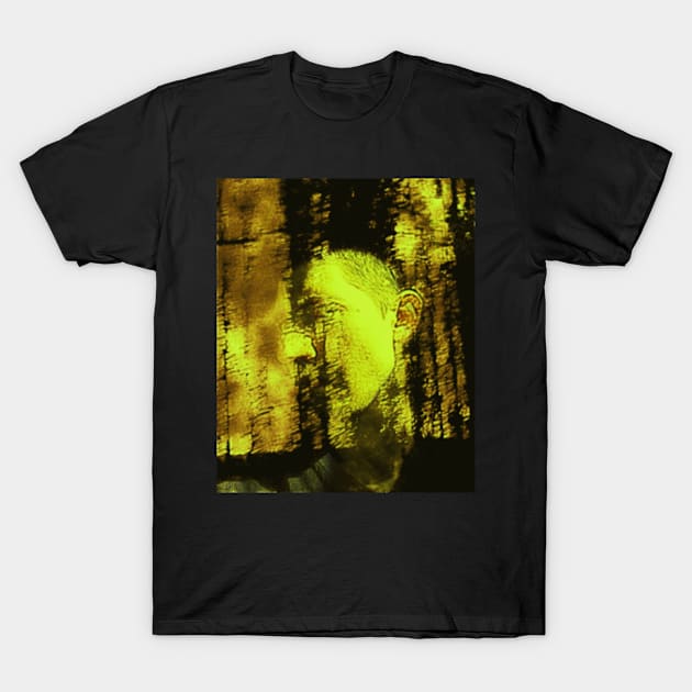 Portrait, digital collage and special processing. Masterpiece. Man looking to car window, reflection. Autumn, bright yellow sun. T-Shirt by 234TeeUser234